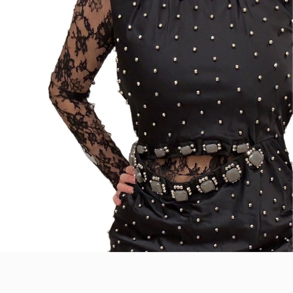 Marc Jacobs  Silk Black Mini Dress with Lace Sleeves Size 4 - Picture 3 of 7